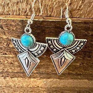 Boho Hippie Vintage Arrow Dangle Wire Earrings, Turquoise Stone, Gift Box